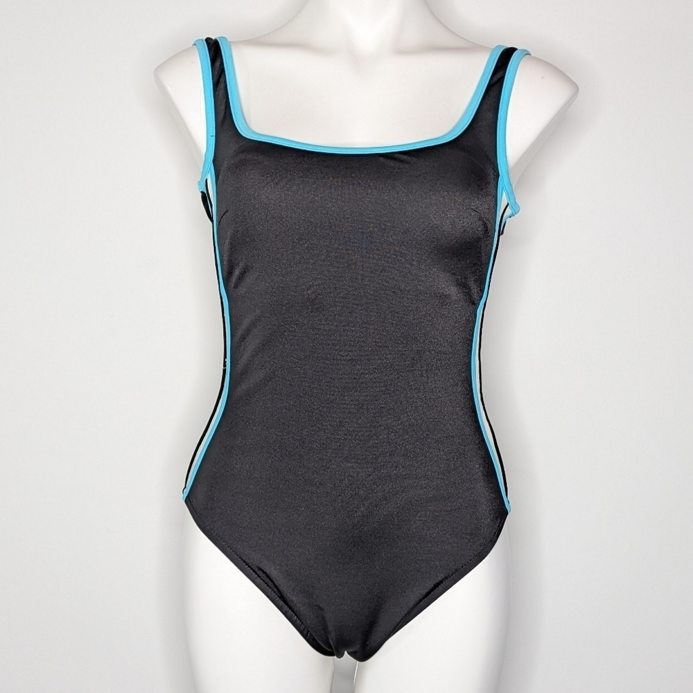 Miraclesuit Black White Blue Striped Low Back One Piece Swimsuit 10